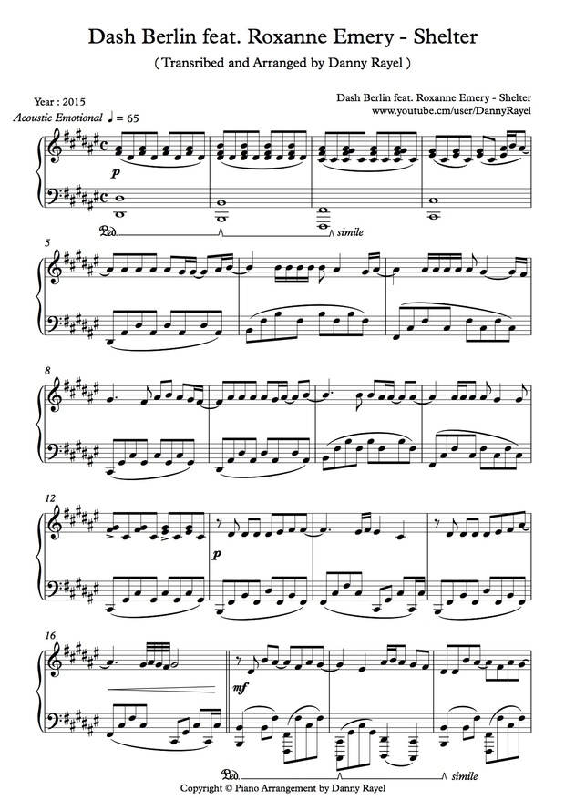 Dash Berlin feat. Roxanne Emery - Shelter ( Piano Arrangement by Danny ) ( Sheet Music )