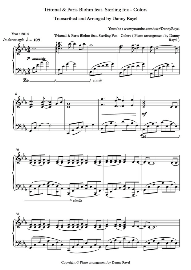 Tritonal & Paris Blohm feat. Sterling Fox - Colors ( Piano Arrangment by Danny ) ( Sheet music )