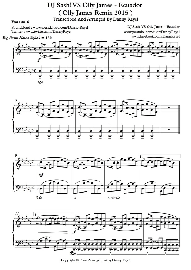 DJ Sash! VS Olly James - Ecuador ( Piano Arrangement by Danny ) ( Sheet Music )