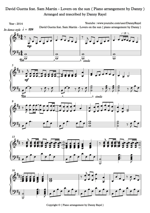 David Guetta feat. Sam Martin - Lovers on the Sun ( Piano arrangement by Danny ) ( Sheet music )