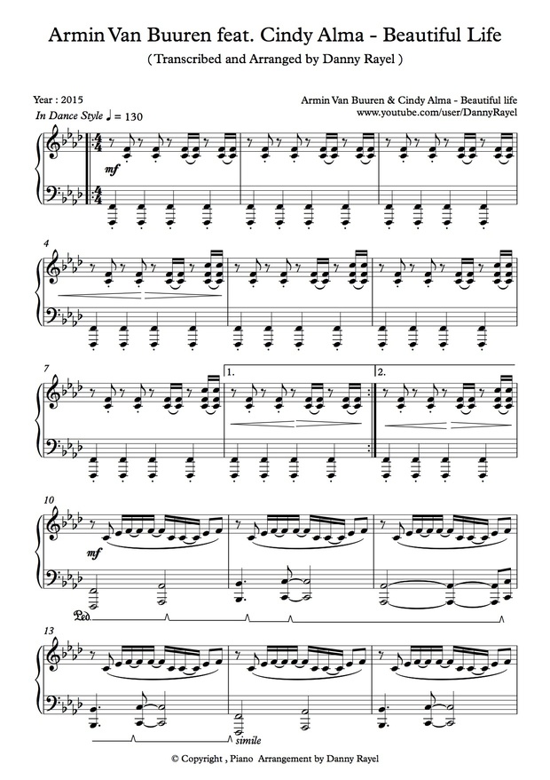 Armin Van Buuren feat Cindy Alma - Beautiful Life ( Piano Arrangement By Danny ) ( Sheet Music )