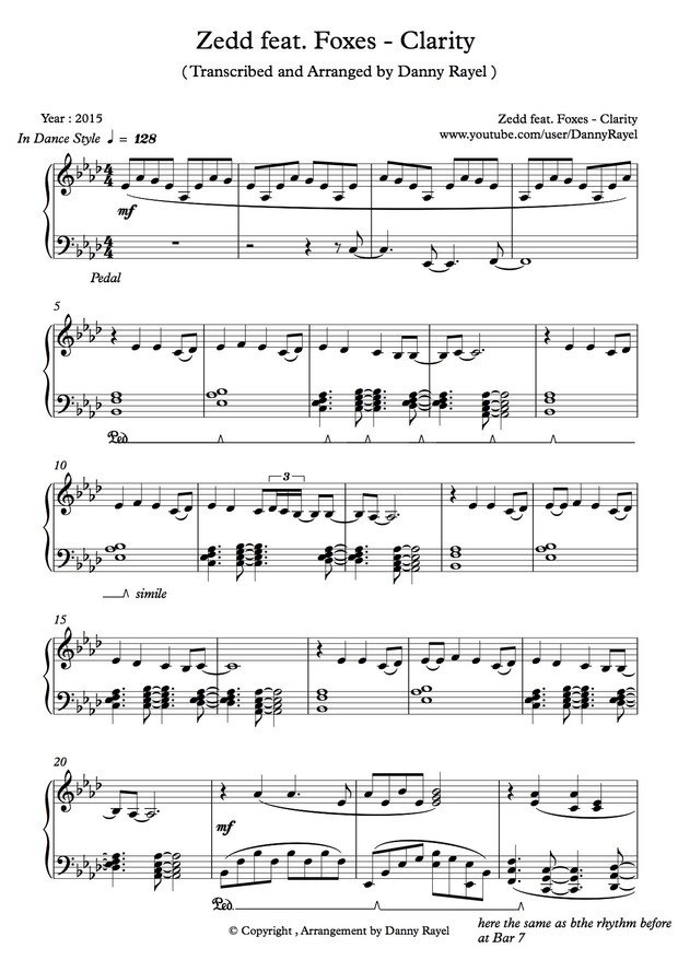 Zedd feat. Foxes - Clarity ( Piano Arrangement by Danny Rayel ) ( Sheet Music )