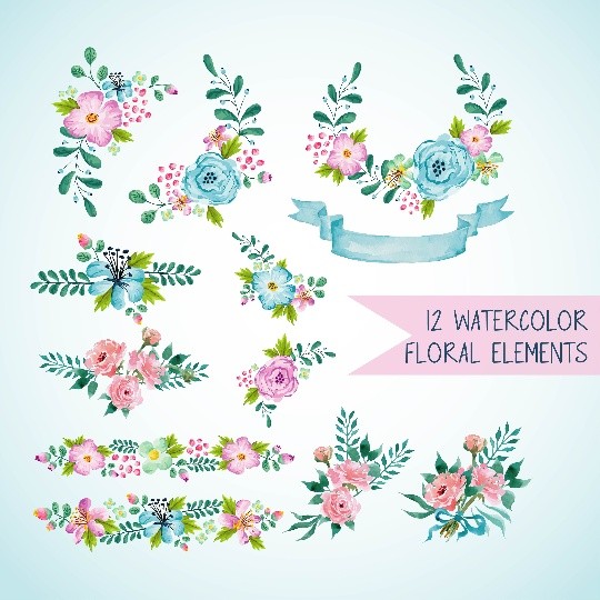 12 light blue and light pink watercolor floral elements, Blue watercolor wreath and bouquets