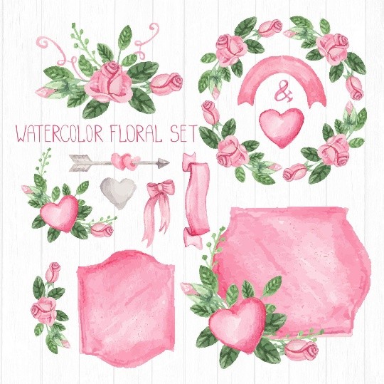 Pink watercolor floral elements, pink roses, vintage floral elements