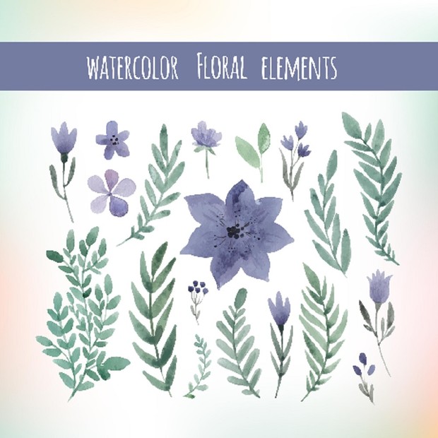 Watercolor floral elements set, floral invitation elements, flower clip art