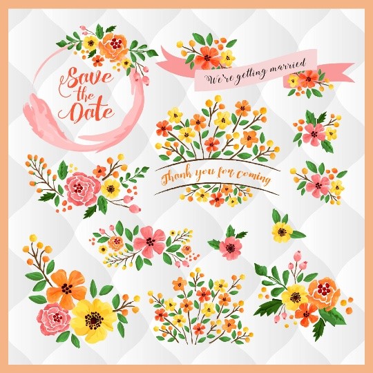 Fall watercolor floral elements, Pink orange yellow flowers, fall floral wreath