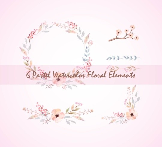 6 Pastel Watercolor Floral Elements, Pastel wreath, floral bouquets, floral text divider