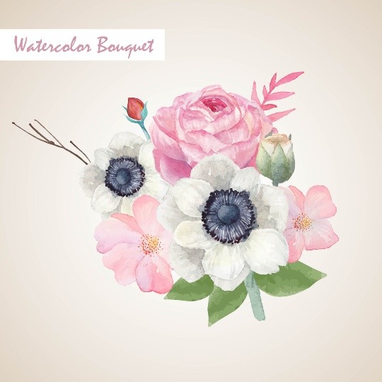 Vintage pink and white watercolor Floral Bouquet, Watercolor floral elements