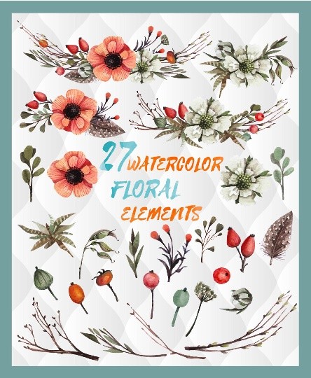 27 watercolor floral elements, watercolor invitation elements, diy watercolor bouquets