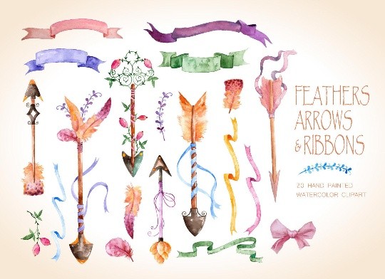 Watercolor arrows, feathers and ribbons, rustic watercolor elements