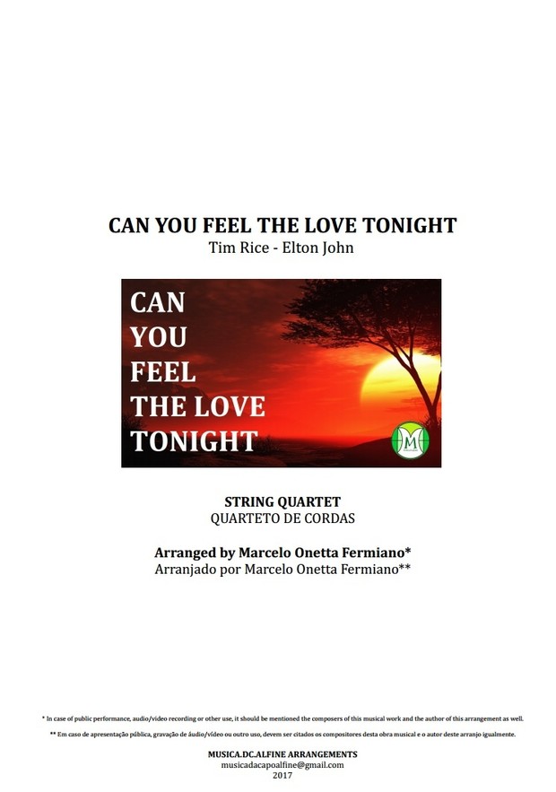 Can You Feel The Love Tonight - Elton John - Quarteto de Cordas - Partitura Completa Grade e Partes