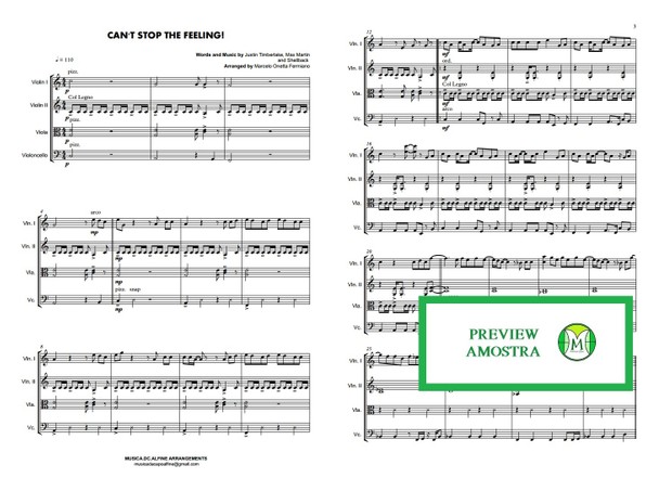 Can't Stop The Feeling - J. Timberlake - String Quartet - Score and parts