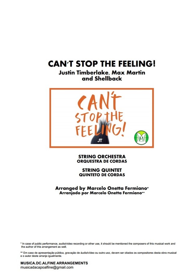 Can't Stop The Feeling - Justin Timberlake - String Orchestra/String Quintet - Score and parts.