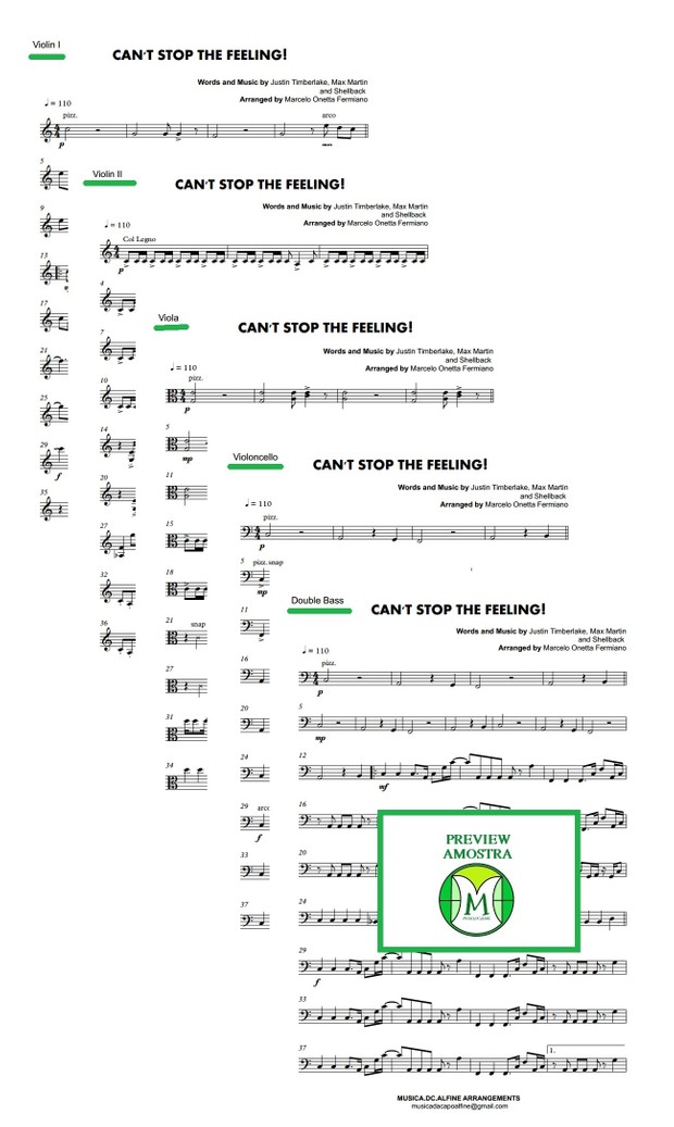 Can't Stop The Feeling - Justin Timberlake - String Orchestra/String Quintet - Score and parts.