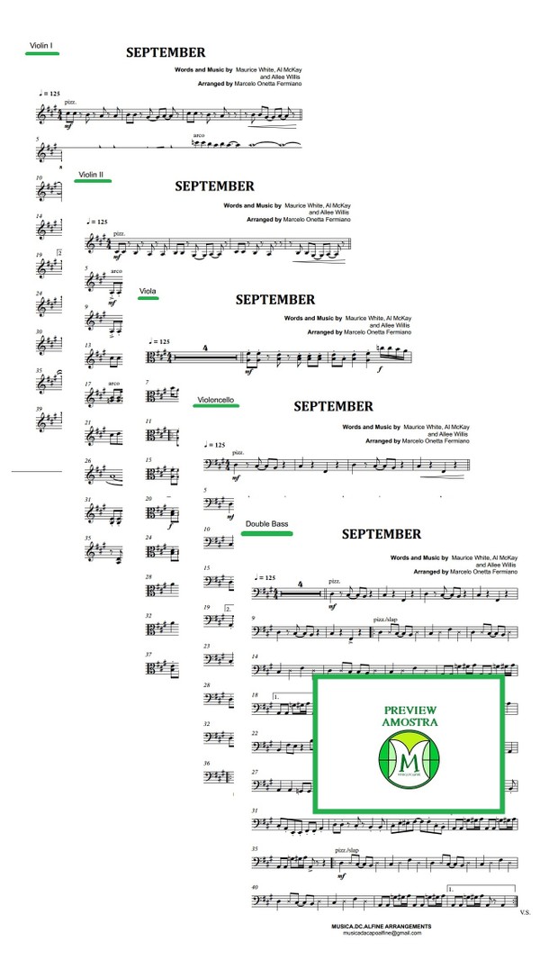 September - Earth, Wind & Fire- String Orchestra or String Quintet - Score and parts