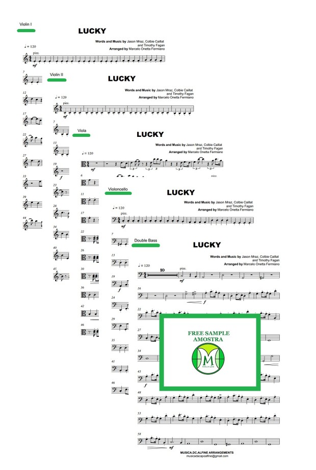 Lucky - Jason Mraz and C. Caillat - String Orchestra or String Quintet - Score and parts Sheet Music