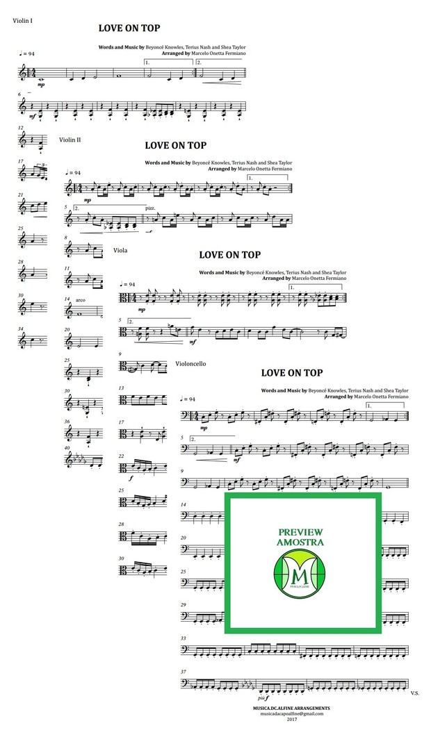 Love On Top - Beyoncé - String Quartet - Score and parts