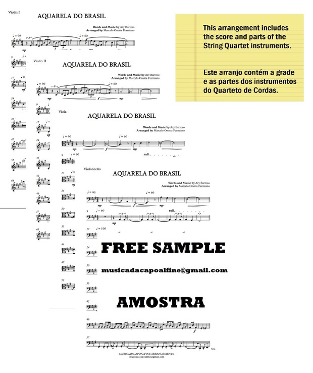 AQUARELA DO BRASIL - Ary Barroso - String Quartet - Quarteto de Cordas Sheet Music