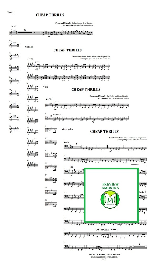 Cheap Thrills - Sia - String Quartet - Score and Parts