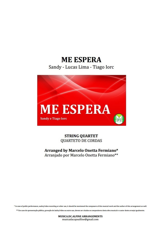 Me Espera - Sandy e Tiago Iorc - Quarteto de Cordas - Partitura