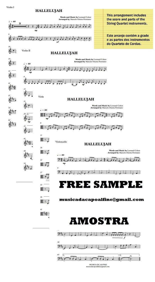 Hallelujah | L.Cohen | String Quartet | Score and Parts Download