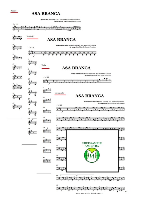 Asa Branca - L Gonzaga - Quarteto de Cordas - Partitura com Grade e Partes