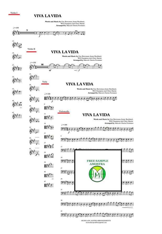 Viva La Vida - Coldplay - String Quartet - Score and parts