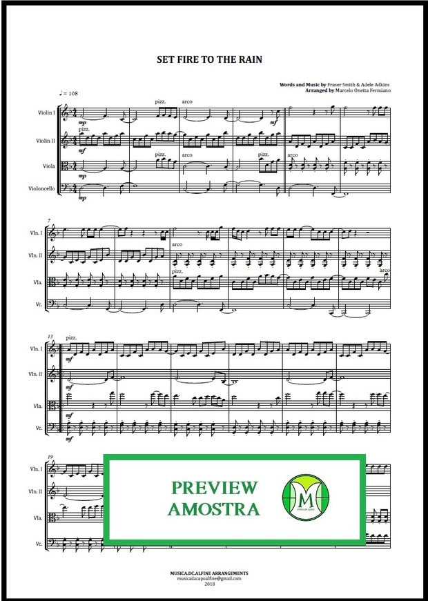 Set Fire To The Rain | Adele | Quarteto de Cordas | Partitura Completa Download