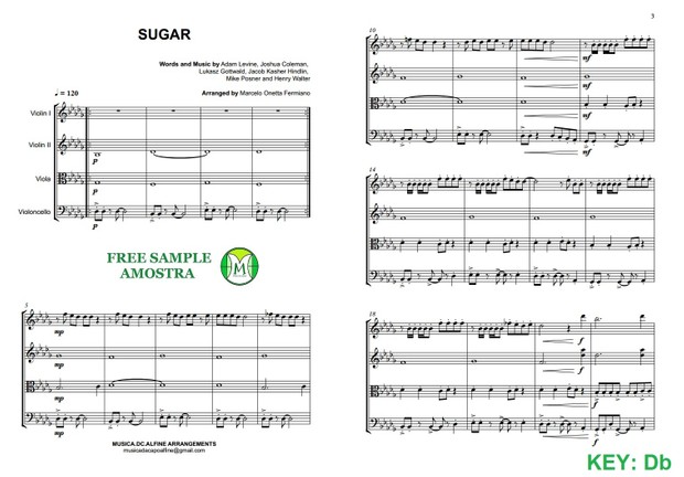 Db (key) - Sugar - Maroon 5 - String Quartet Sheet Music - Score and parts