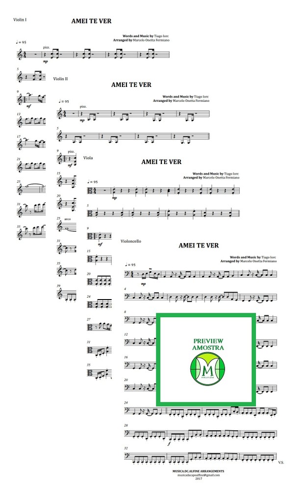 Amei Te Ver - Tiago Iorc - Quarteto de Cordas - Partitura Completa Grade e partes