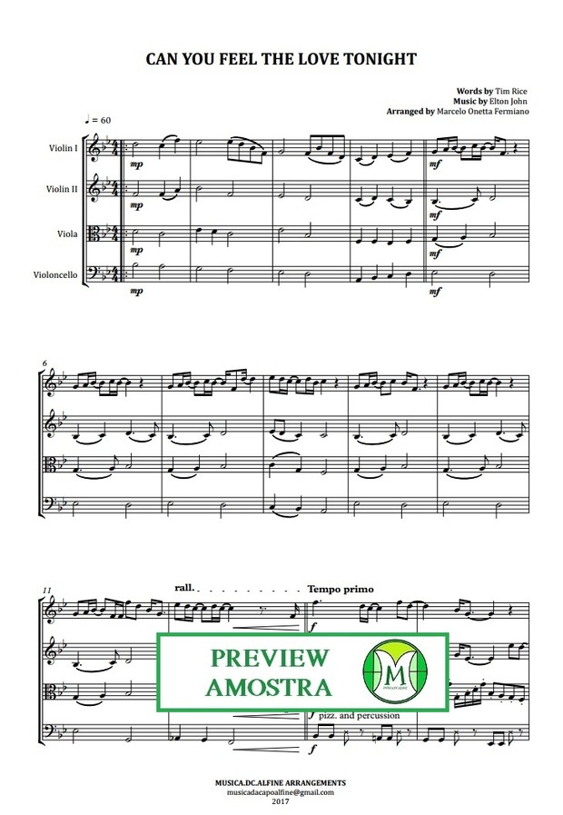 Can You Feel The Love Tonight - Elton John - String Quartet - Score and Parts