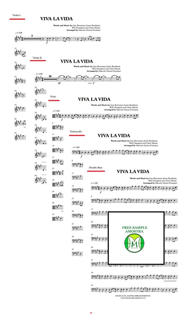 Viva La Vida - Coldplay - String Orchestra or String Quintet - Score and parts