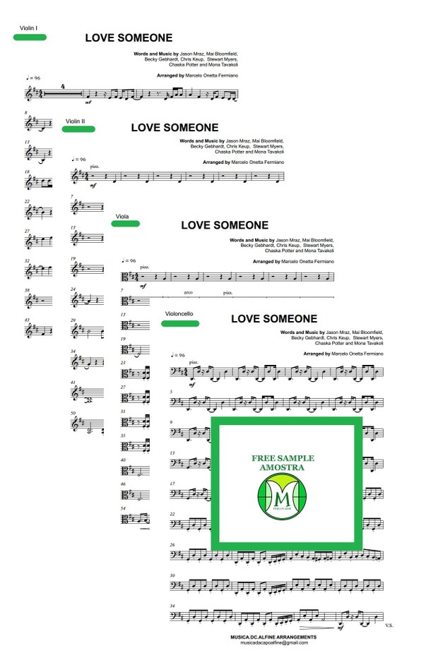 Love Someone - Jason Mraz - String Quartet - Score and parts