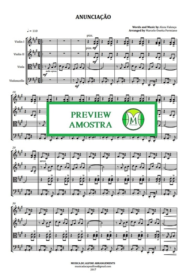 Anunciação - Alceu Valença - Quarteto de Cordas - Partitura Completa Grade e Partes