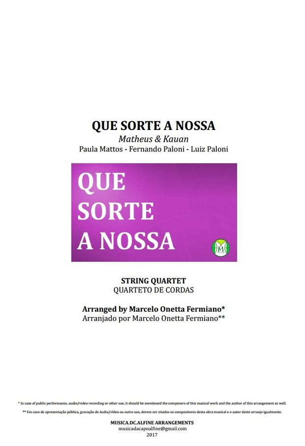 Que Sorte a Nossa | Matheus e Kauan | Quarteto de Cordas | Partitura Completa | Grade e Partes