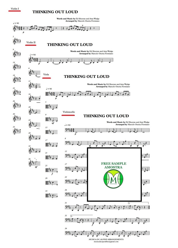 Thinking Out Loud - Ed Sheeran- String Quartet - Score and parts sheet music download