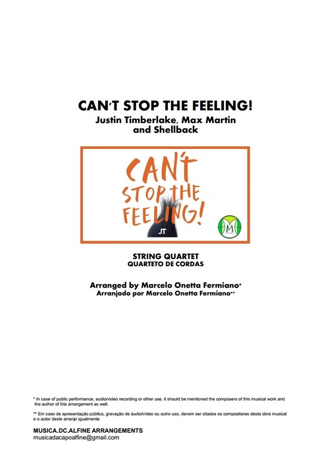 Can't Stop The Feeling - J. Timberlake - String Quartet - Score and parts