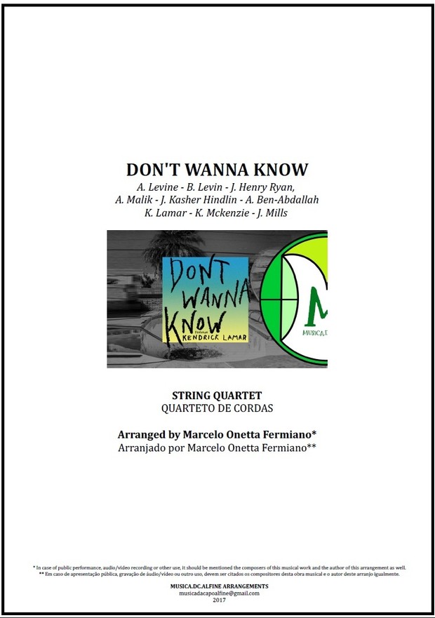 Don't Wanna Know | Maroon 5 | String Quartet | Score Download