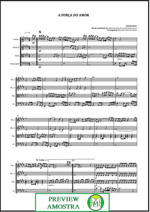A Força do Amor | Roupa Nova | Quarteto de Cordas | Partitura Completa Download