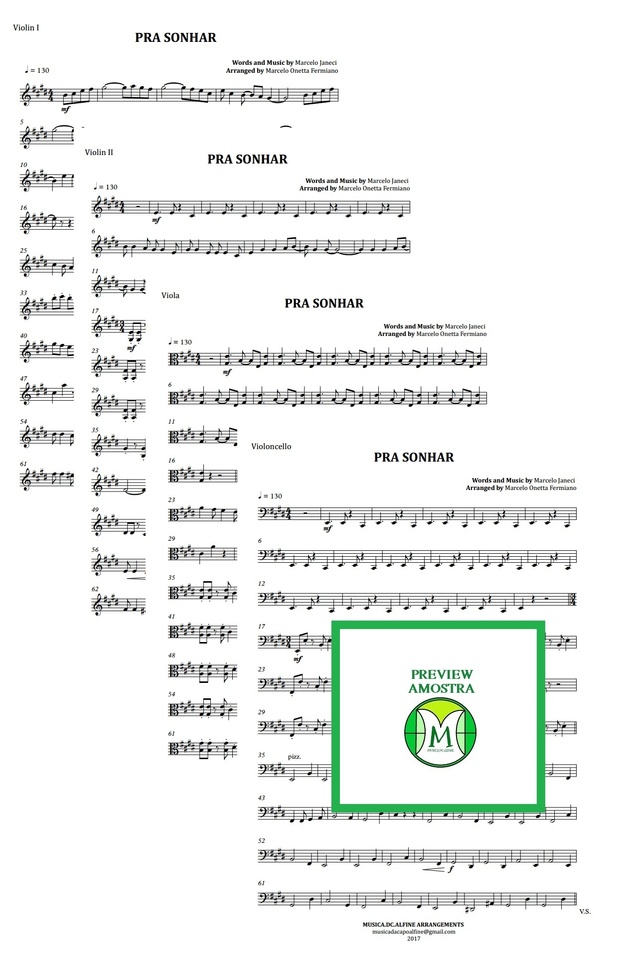 Pra Sonhar | Marcelo Jeneci | Quarteto de Cordas | Partitura Completa | Grade e Partes