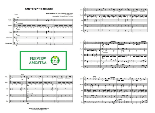 Can't Stop The Feeling - Justin Timberlake - String Orchestra/String Quintet - Score and parts.