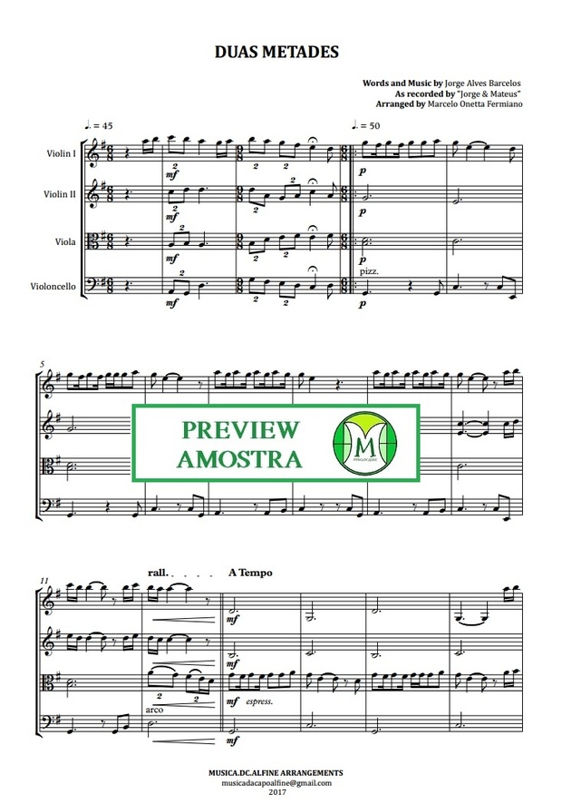 Duas Metades | Jorge e Mateus | Quarteto de Cordas | Partitura Completa | Grade e Partes