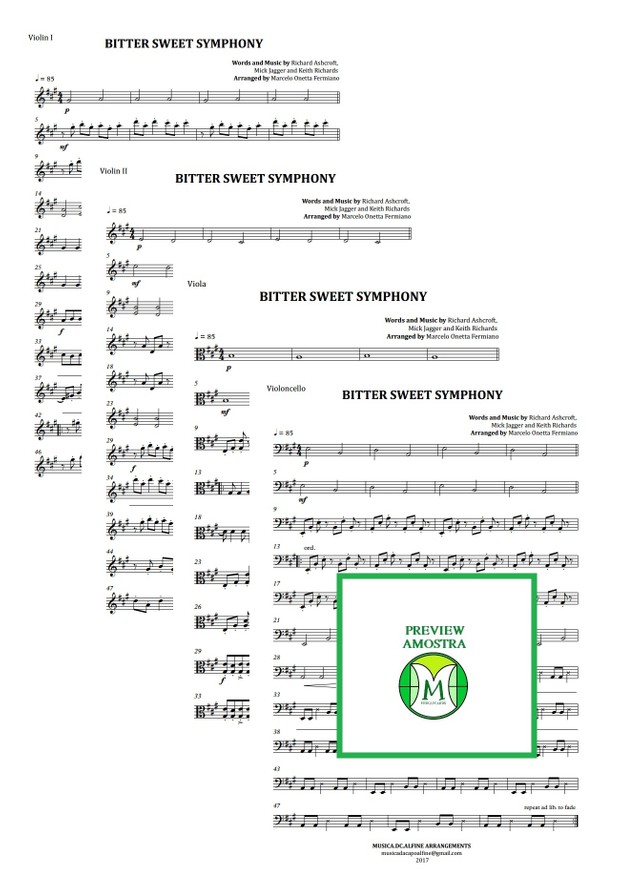 Bitter Sweet Symphony - The Verve - String Quartet - Score and Parts
