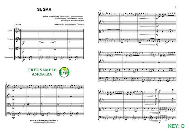 D (key) - Sugar - Maroon 5 - String Quartet Sheet Music - Score and parts