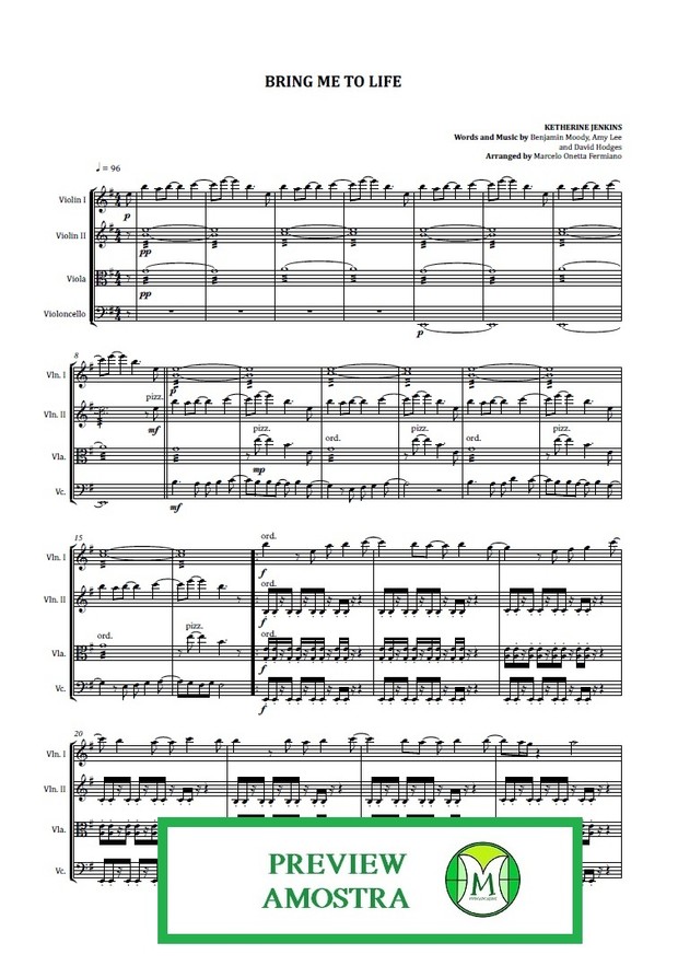 Bring Me To Life | Katherine Jenkins | String Quartet | Score and Parts Download