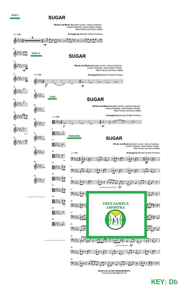 Db (key) - Sugar - Maroon 5 - String Quartet Sheet Music - Score and parts