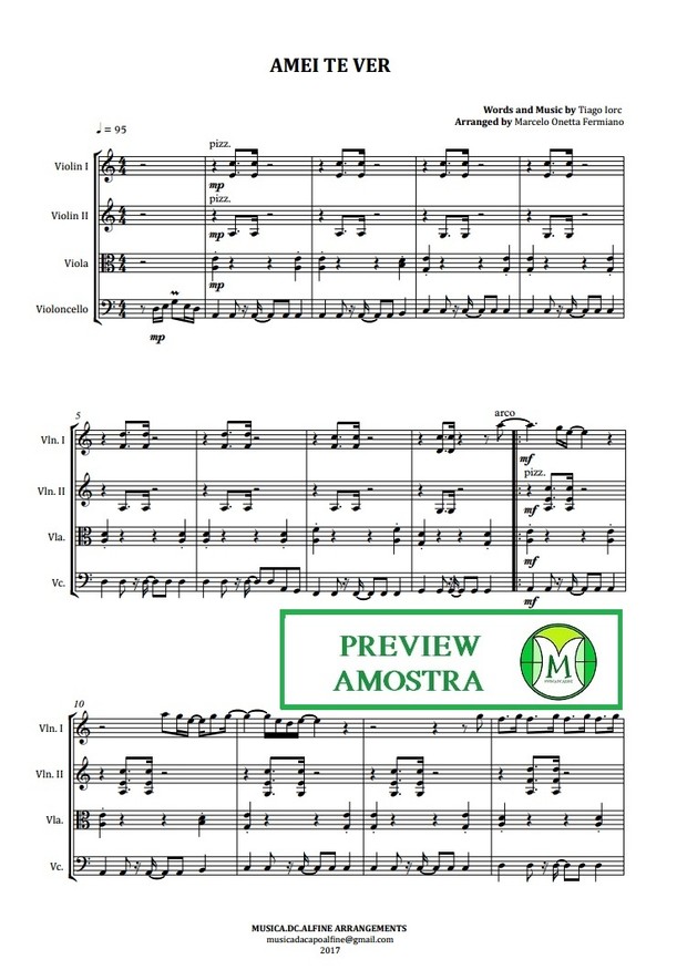 Amei Te Ver - Tiago Iorc - Quarteto de Cordas - Partitura Completa Grade e partes