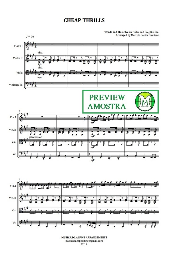 Cheap Thrills - Sia - Quarteto de Cordas - Grade e partes - Partitura