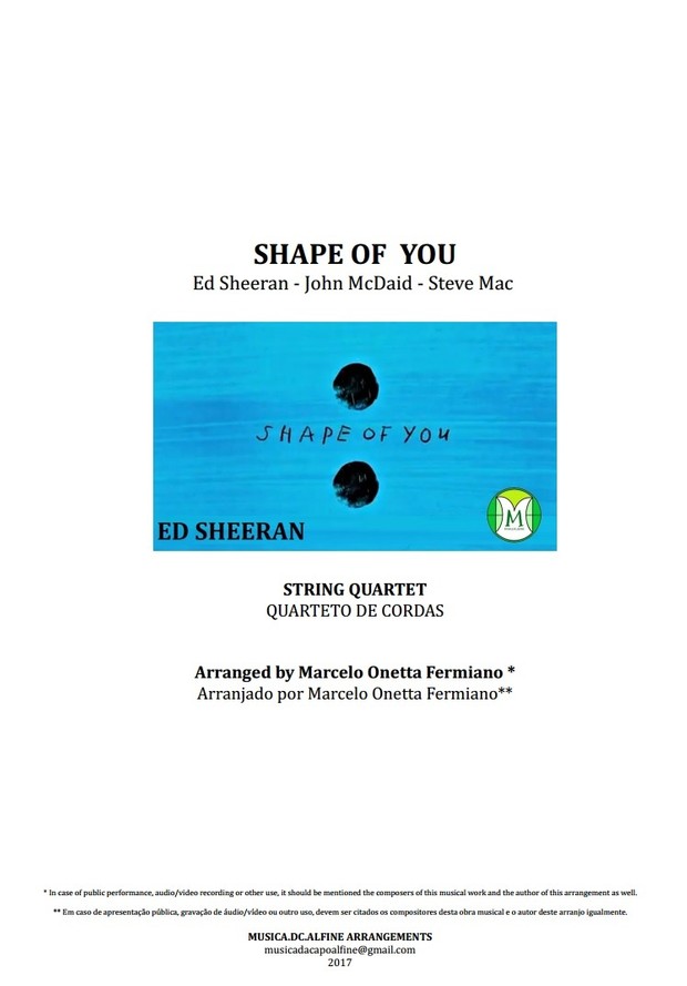 Shape Of You - Ed Sheeran - Quarteto de Cordas - Partitura Completa Grade e Partes
