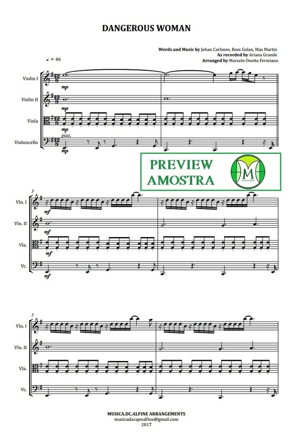 Dangerous Woman - Ariana Grande - Quarteto de Cordas - Grade e partes - Partitura